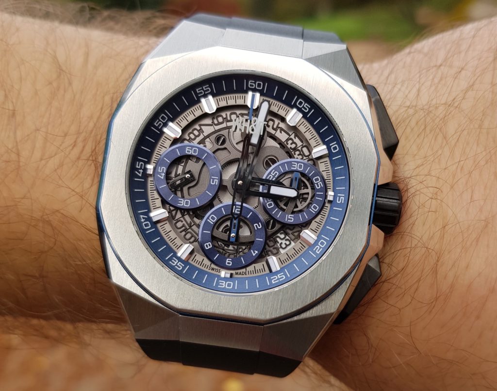 View of the skeleton dial on the Chronograph