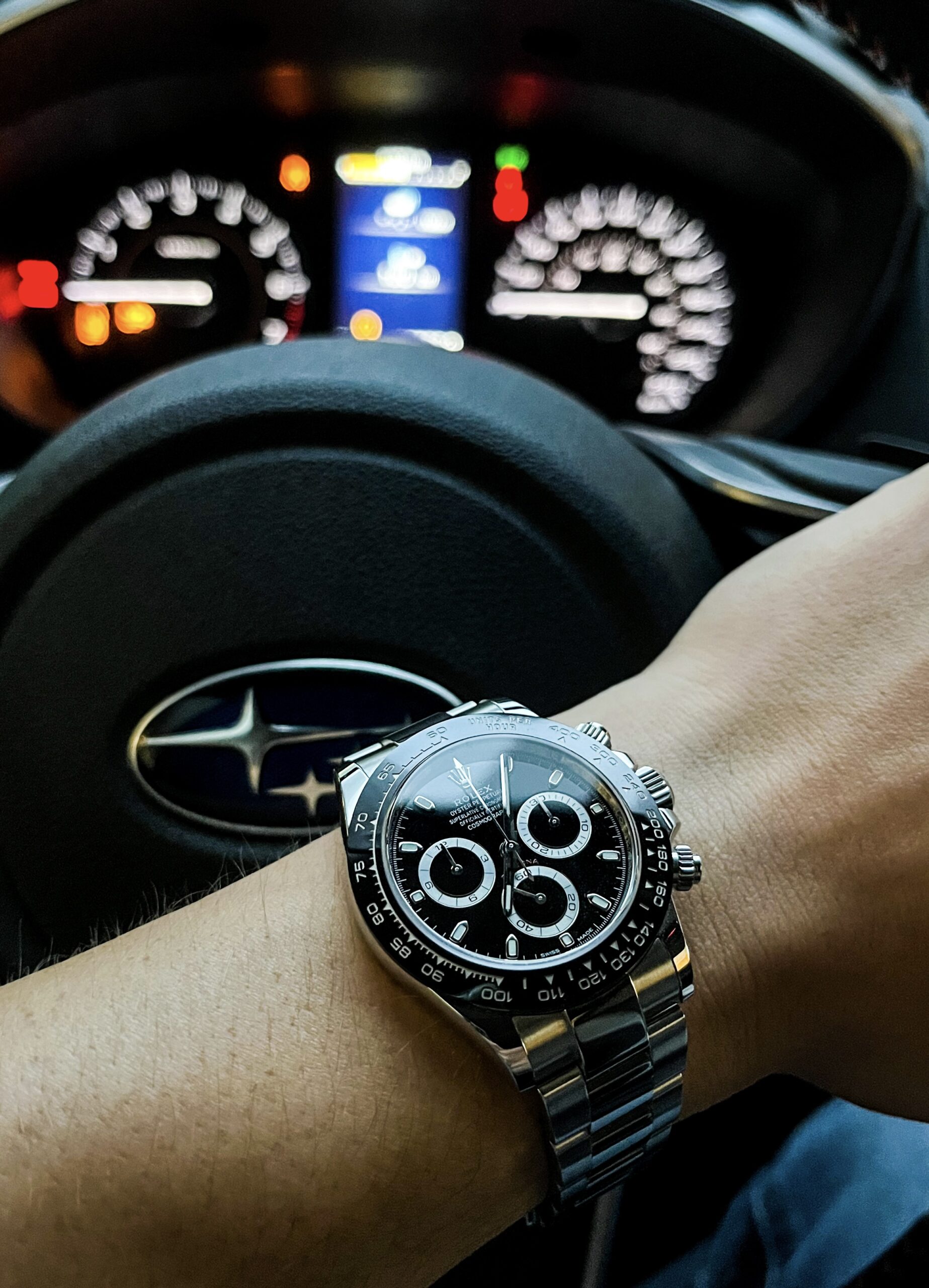 Daytona wrist shot inside Subaru