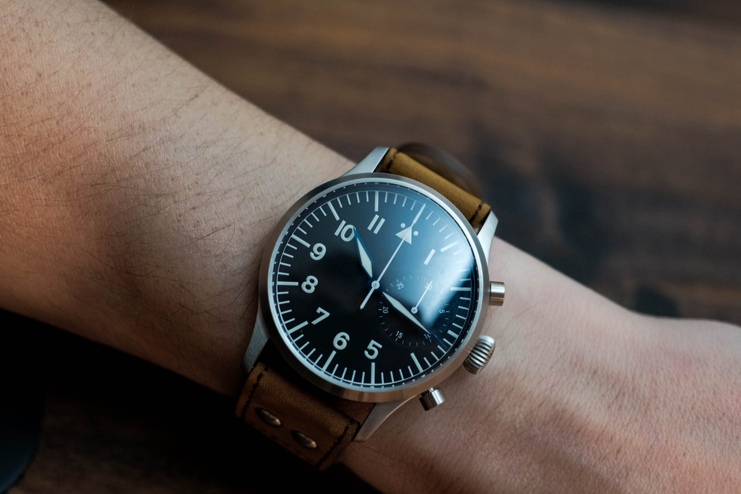 Stowa Flieger Classic Pilot Chrono On wrist upper view