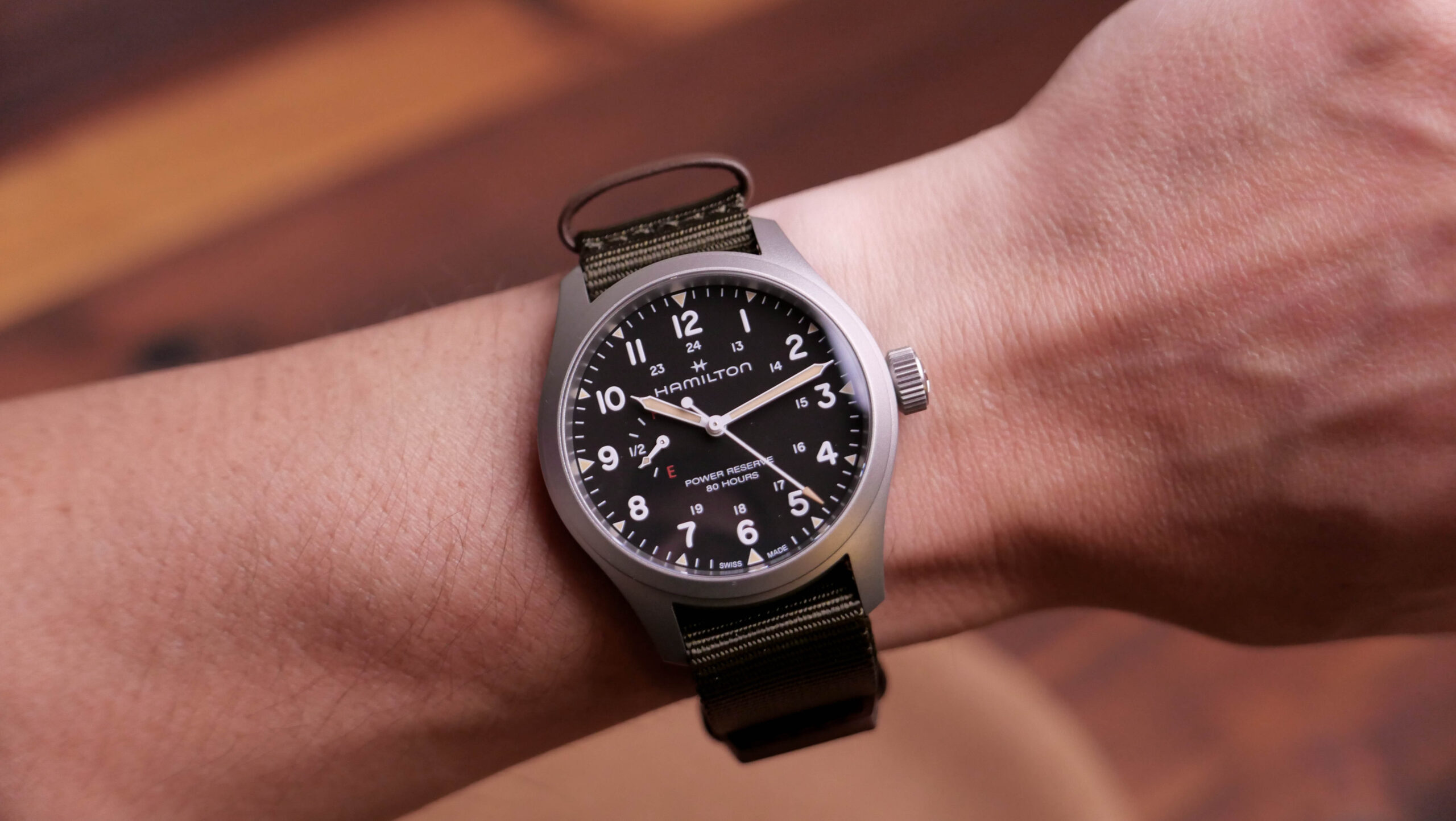 Hamilton Khaki Field Power Reserve Complication Wrist Shot